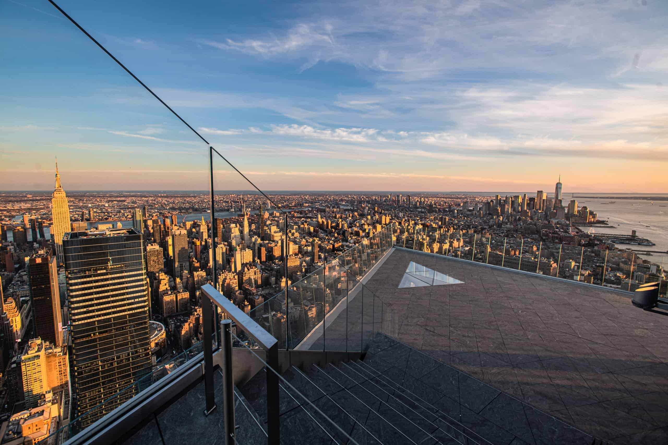 Sunset from the outdoor sky deck at Edge NYC, 1,100 feet above Manhattan at Hudson Yards