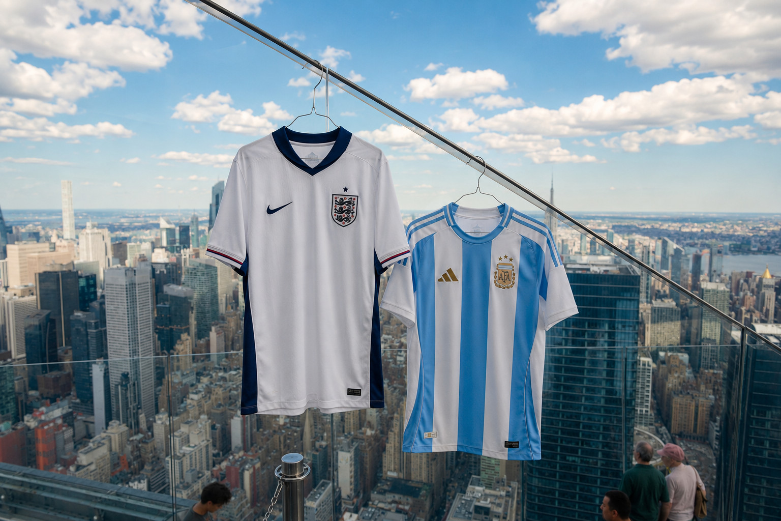 Two national team soccer jerseys (England and Argentina) hanging on a clothesline with a city skyline in the background.